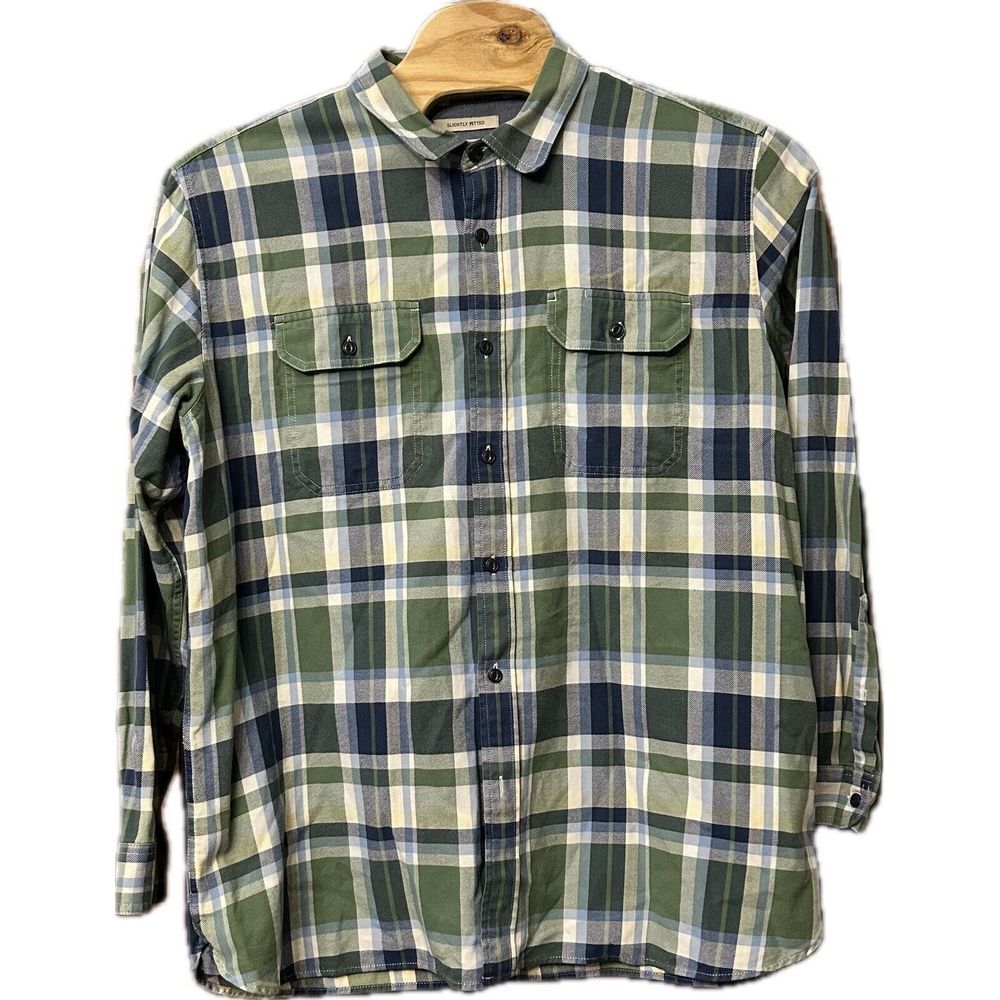 LL Bean Plaid‎ Flannel Shirt Men's XXL Blue Green Slightly Fitted 286415